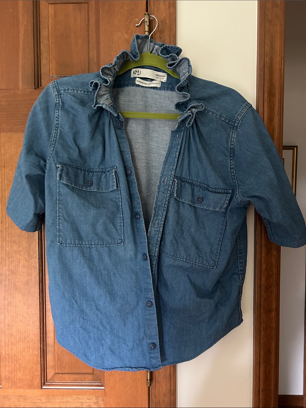 KMJ Blue Ruffle Collar Denim Button-Down Shirt